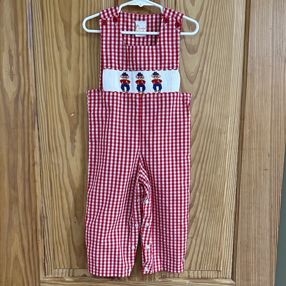 Smocked Giraffe Red Gingham Christmas Smocked Overalls ~ 2T